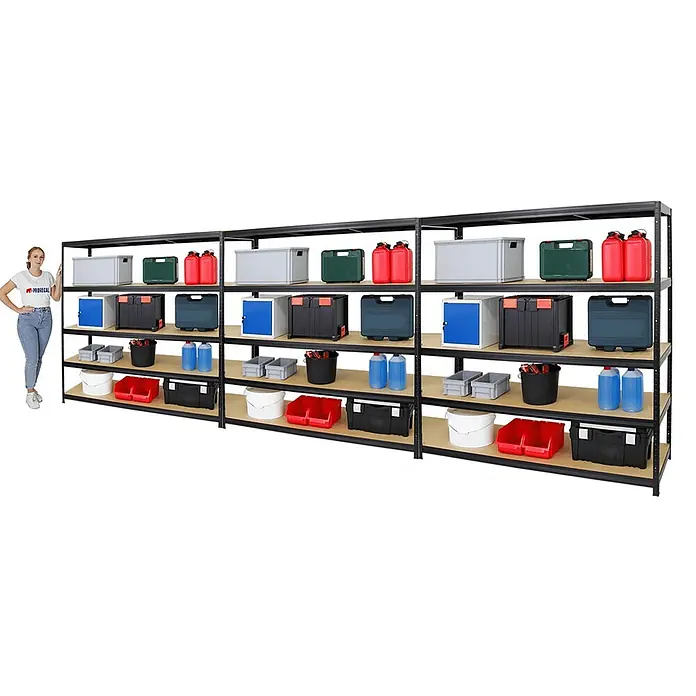 Proregal Schwerlastregal Mega Deal Giant Elephant - Traglast pro Boden: 200 kg, Anzahl Böden: 5 Stk., Stecken, Schwarz - Produktansicht eines Regalsystems mit mehreren Ebenen, bestückt mit Boxen und Behältern, präsentiert vor einem neutralen Hintergrund.