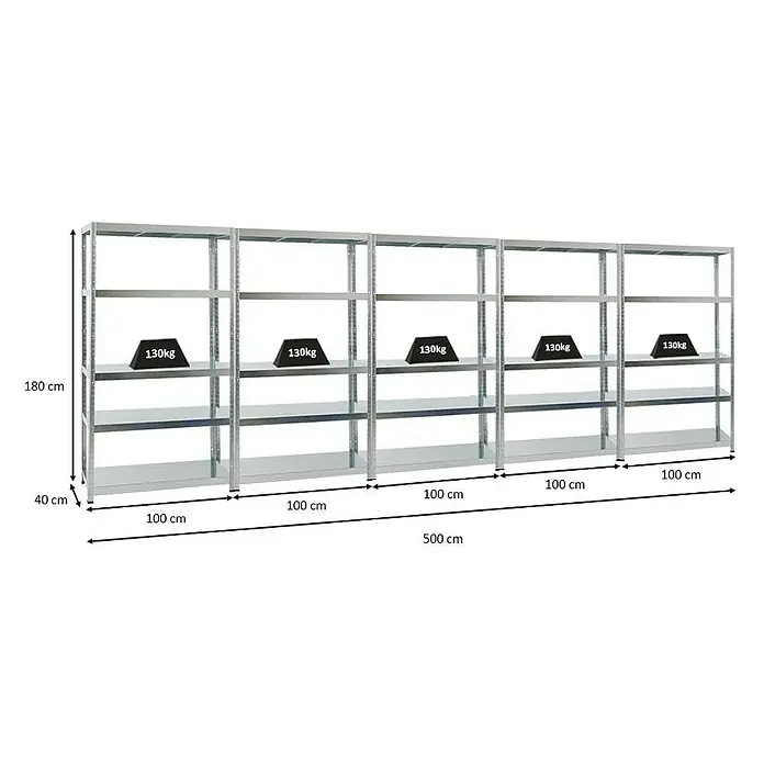 Proregal Metallregal Mega Deal Steel Eagle - Traglast pro Boden: 130 kg, Anzahl Böden: 5 Stk., Stecken, Verzinkt - Ein langes, silbernes Metallregal mit fünf Abschnitten und vier Regalböden, von denen einer mit einem Gewicht von 130 kg belastet ist.
