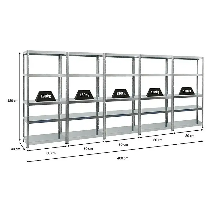 Proregal Metallregal Mega Deal Steel Eagle - Traglast pro Boden: 130 kg, Anzahl Böden: 5 Stk., Stecken, Verzinkt - Ein graues Metallregal mit vier Ebenen, wobei die mittlere Ebene mit schwarzen Gewichten von je 130 kg belastet ist.