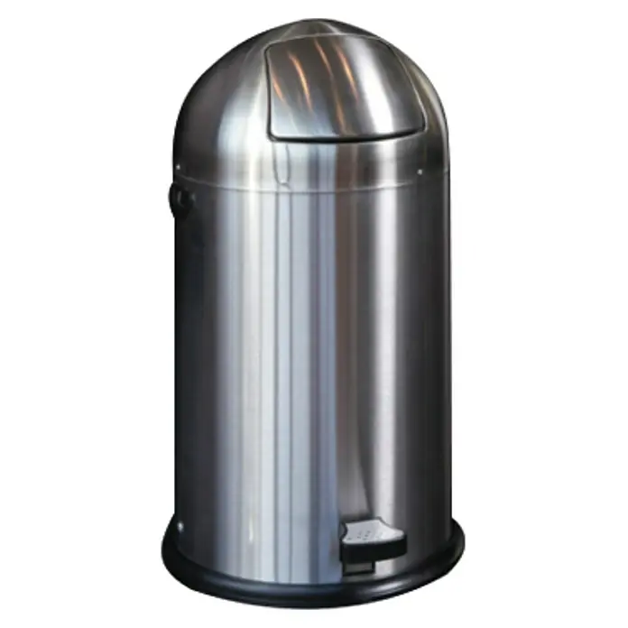 Vepa Bins Treteimer Kickcan - 33 l, Metall, Silber Metallic - Ein silberfarbener, runder Edelstahl-Tretmülleimer mit schwarzem Sockel und Deckel, ideal für Bad oder Küche. Praktisch und hygienisch.