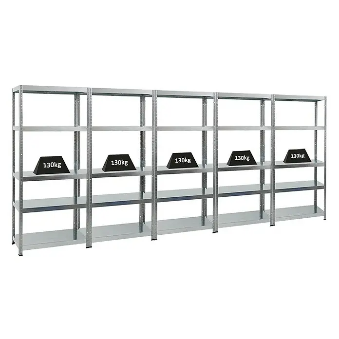 Proregal Metallregal Mega Deal Steel Eagle - Traglast pro Boden: 130 kg, Anzahl Böden: 5 Stk., Stecken, Verzinkt - Das Bild zeigt ein Regal mit fünf Ebenen, auf denen Gewichte von 130 kg platziert sind.