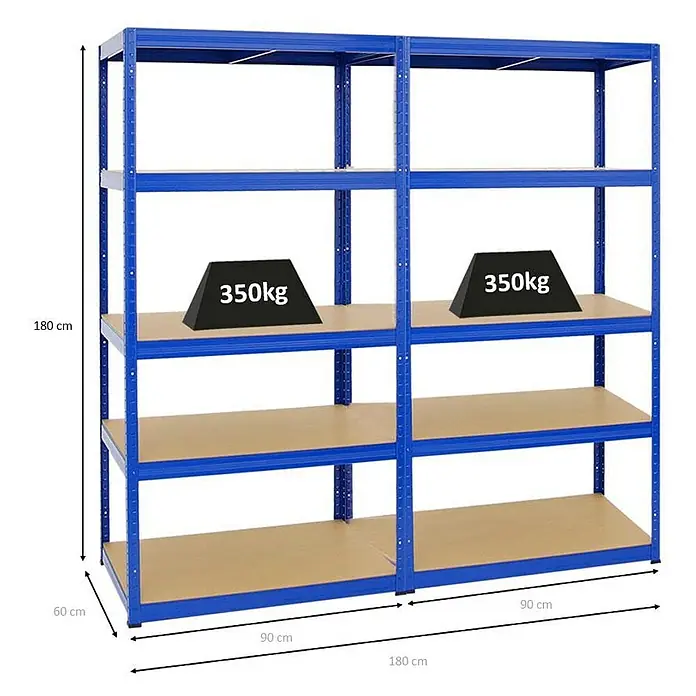Proregal Schwerlastregal Mega Deal Slim Elephant M - H x B x T: 180 x 180 x 60 cm, Traglast pro Boden: 350 kg, Anzahl Böden: 5 Stk., Stecken, Blau - Produktabbildung: Blaues Metallregal mit Holzregalböden und Gewichtsangaben.