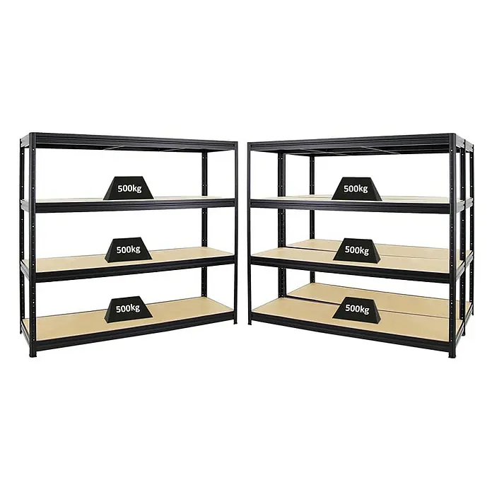 Proregal Schwerlastregal Mega Deal DINO - Traglast pro Boden: 500 kg, Anzahl Böden: 4 Stk., Stecken, Schwarz - Zwei Regale mit je drei Böden, die mit Gewichten von 500 kg belastet sind. Das robuste Metallregal bietet viel Stauraum.