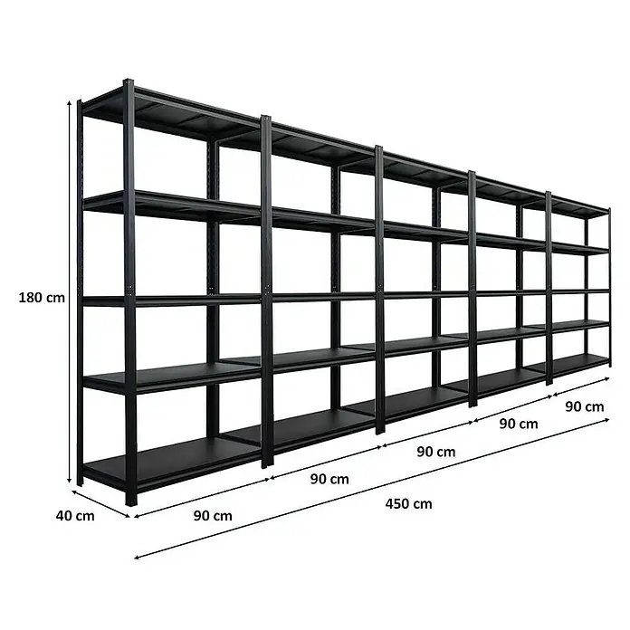 Proregal Schwerlastregal Mega Deal Thorin - Traglast pro Boden: 350 kg, Anzahl Böden: 5 Stk., Stecken, Schwarz - Aufnahme eines schwarzen Metallregals mit fünf Ebenen und den Maßangaben 180 cm Höhe, 40 cm Tiefe und 450 cm Breite.