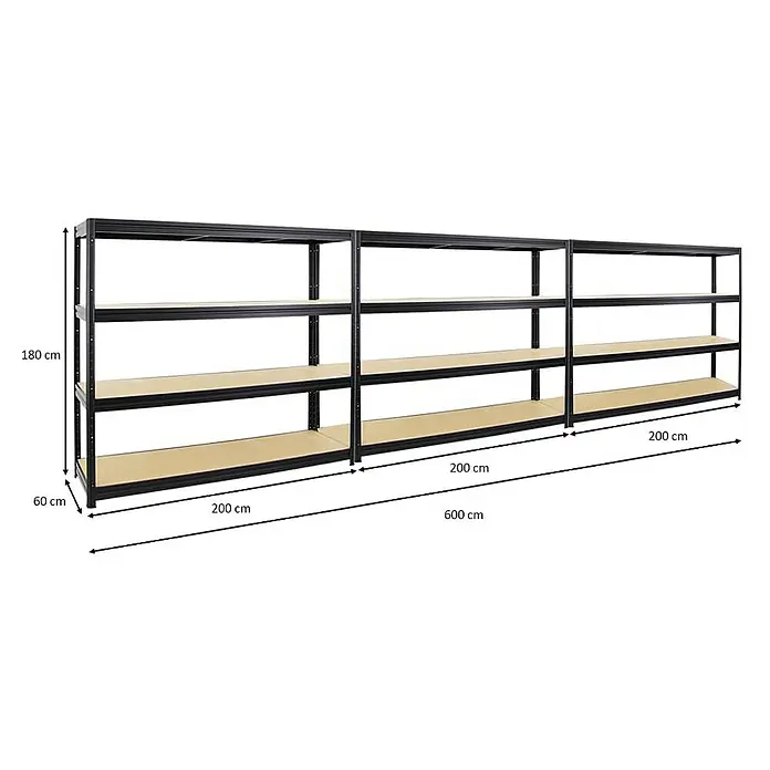 Proregal Schwerlastregal Mega Deal DINO - Traglast pro Boden: 500 kg, Anzahl Böden: 4 Stk., Stecken, Schwarz - Das Bild zeigt ein Regal mit drei Etagen aus Metall und Holz. Die Maße sind 180 cm Höhe, 60 cm Tiefe und 600 cm Breite.