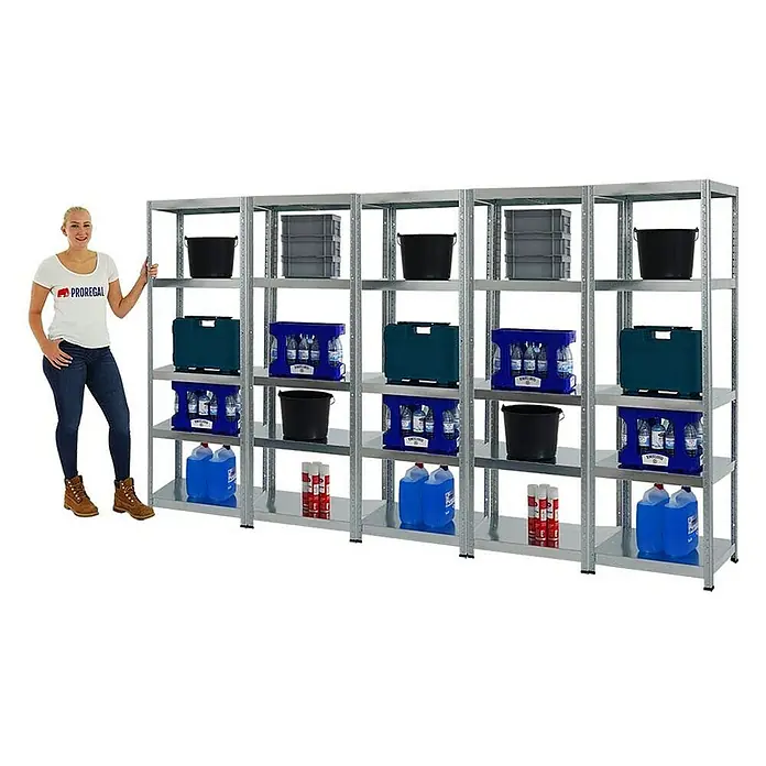 Proregal Metallregal Mega Deal Steel Eagle - Traglast pro Boden: 130 kg, Anzahl Böden: 5 Stk., Stecken, Verzinkt - Ein geräumiges Schwerlastregal mit robusten Regalböden, ideal für Lagerung. Perfekt für Werkstatt, Garage und Keller, bietet viel Stauraum.