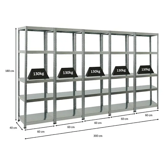 Proregal Metallregal Mega Deal Steel Eagle - Traglast pro Boden: 130 kg, Anzahl Böden: 5 Stk., Stecken, Verzinkt - Abbildung eines Metallregals mit fünf Fächern, beladen mit Gewichten zur Demonstration der Tragfähigkeit.
