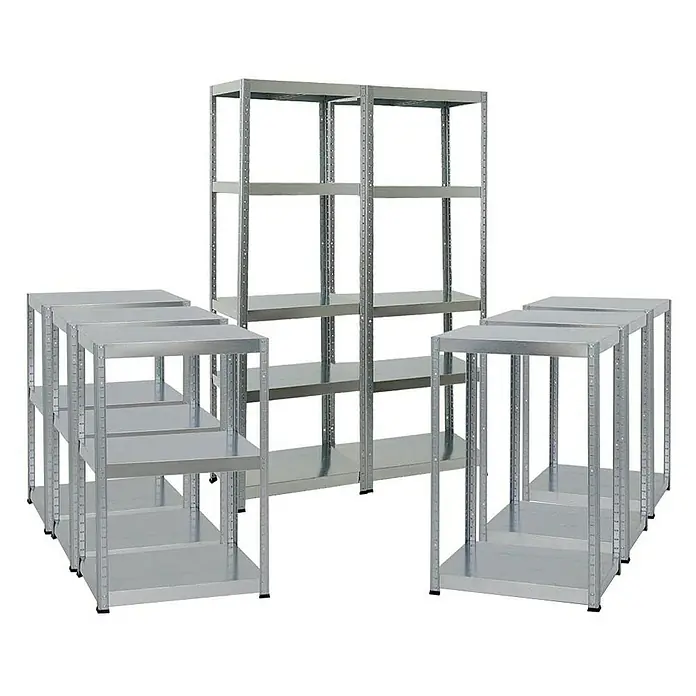 Proregal Metallregal Mega Deal Steel Eagle - Traglast pro Boden: 130 kg, Anzahl Böden: 5 Stk., Stecken, Verzinkt - Silberne Metallregale in verschiedenen Größen und Konfigurationen, ideal für Lagerung und Organisation in Werkstätten oder Lagerräumen.