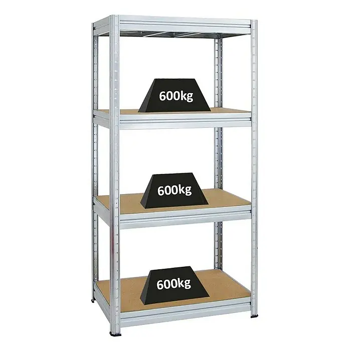 Proregal Schwerlastregal Mega Deal DINO - H x B x T: 180 x 90 x 60 cm, Traglast pro Boden: 600 kg, Anzahl Böden: 4 Stk., Stecken, Verzinkt - Ein silbernes Metallregal mit vier Ebenen, auf denen jeweils ein schwarzer, pyramidenförmiger Gegenstand mit der Aufschrift "600kg" steht.