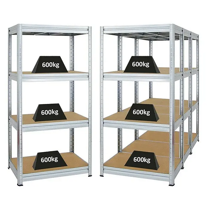Proregal Schwerlastregal Mega Deal DINO - H x B x T: 180 x 90 x 60 cm, Traglast pro Boden: 600 kg, Anzahl Böden: 4 Stk., Stecken, Verzinkt - Silberne Lagerregale mit vier Ebenen und schwarzem 600kg Gewicht auf jeder Ebene.