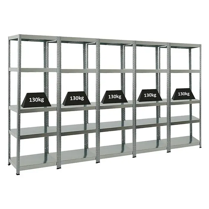 Proregal Metallregal Mega Deal Steel Eagle - Traglast pro Boden: 130 kg, Anzahl Böden: 5 Stk., Stecken, Verzinkt - Metallregal mit fünf Regaleinheiten, jede belastet mit 130kg Gewichten, ideal für Lagerung und Organisation in Werkstatt oder Garage.