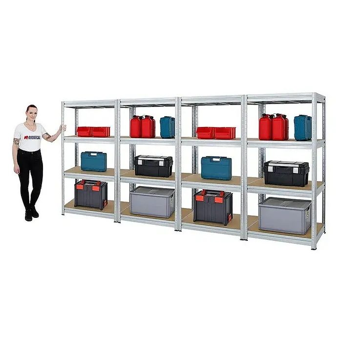 Proregal Schwerlastregal Mega Deal DINO - H x B x T: 180 x 90 x 60 cm, Traglast pro Boden: 600 kg, Anzahl Böden: 4 Stk., Stecken, Verzinkt - Produktabbildung eines stabilen Regalsystems mit mehreren Ablagen, ideal für Lagerung und Organisation im Keller oder der Garage.