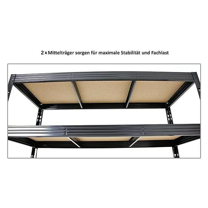 Proregal Schwerlastregal Mega Deal Profi RHINO - Traglast pro Boden: 500 kg, Anzahl Böden: 4 Stk., Stecken, Schwarz - Regal mit zwei Mittelträgern für maximale Stabilität und Fachlast. Das Produkt ist ein robustes Lagerregal mit Holzablagen.