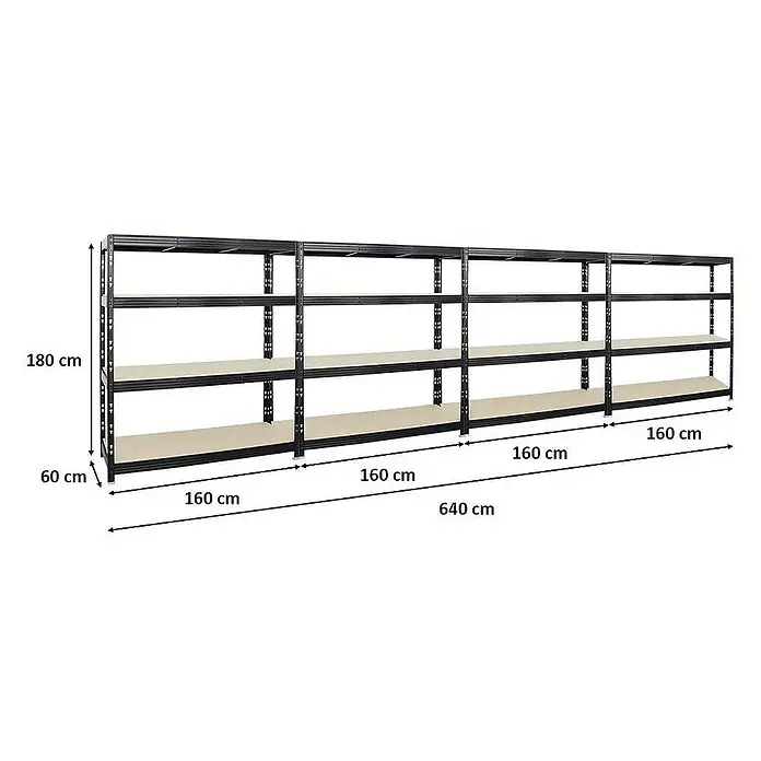 Proregal Schwerlastregal Mega Deal Profi RHINO - Traglast pro Boden: 500 kg, Anzahl Böden: 4 Stk., Stecken, Schwarz - Abbildung eines Regalsystems mit drei Ebenen, 180 cm hoch, 60 cm tief und 640 cm breit, bestehend aus vier Regalelementen.