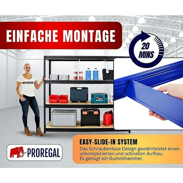 Proregal Schwerlastregal DINO - H x B x T: 180 x 180 x 60 cm, Traglast pro Boden: 500 kg, Anzahl Böden: 4 Stk., Stecken, Schwarz - Produktbild eines Proregal-Lagerregals mit einfacher Montage, das durch sein Easy-Slide-In-System in 20 Minuten aufgebaut ist.