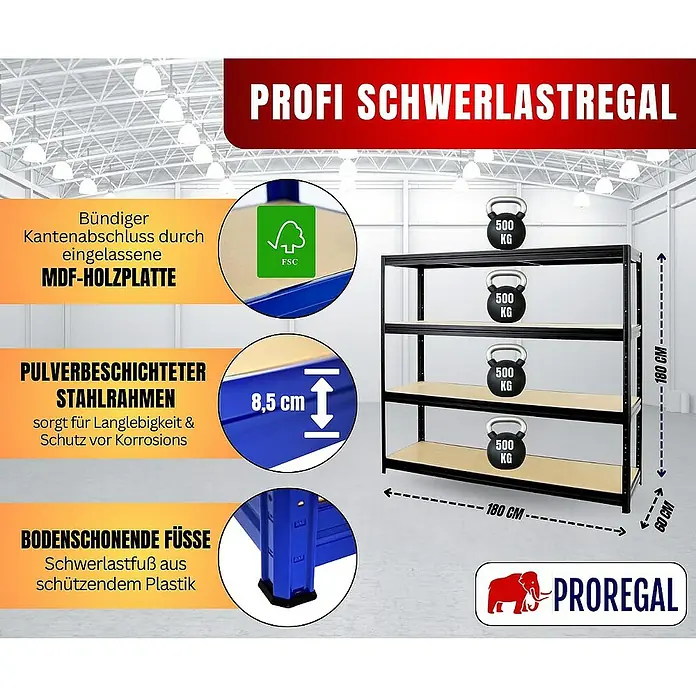 Proregal Schwerlastregal DINO - H x B x T: 180 x 180 x 60 cm, Traglast pro Boden: 500 kg, Anzahl Böden: 4 Stk., Stecken, Schwarz - Schwerlastregal mit Stahlrahmen, MDF-Holzplatten, bodenschonenden Füßen und einer Traglast von 500 kg pro Ebene.