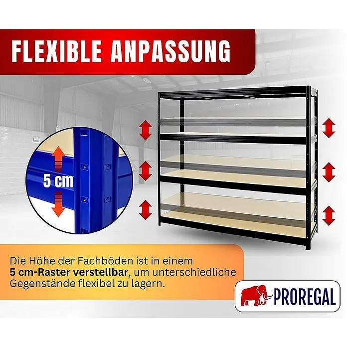 Proregal Schwerlastregal DINO - H x B x T: 180 x 180 x 60 cm, Traglast pro Boden: 500 kg, Anzahl Böden: 4 Stk., Stecken, Schwarz - Bild eines flexiblen Regalsystems mit verstellbaren Fachböden im 5 cm-Raster, ideal zur Lagerung verschiedener Gegenstände.