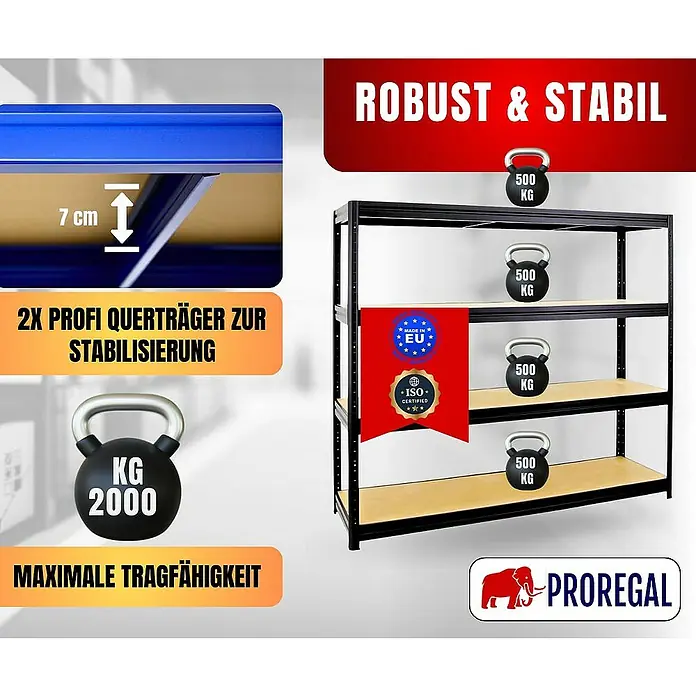 Proregal Schwerlastregal DINO - H x B x T: 180 x 180 x 60 cm, Traglast pro Boden: 500 kg, Anzahl Böden: 4 Stk., Stecken, Schwarz - Ein robustes und stabiles Schwerlastregal mit vier Ebenen, ideal für Lagerung. Die maximale Tragfähigkeit beträgt 2000 kg.