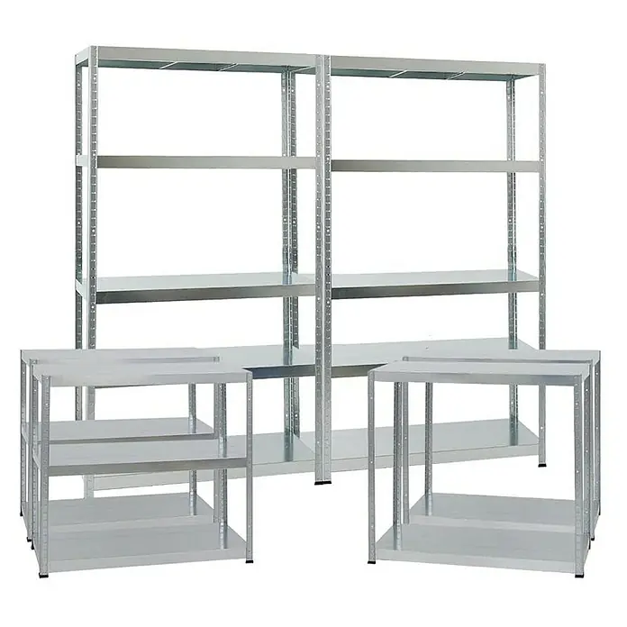 Proregal Metallregal Mega Deal Steel Eagle - Traglast pro Boden: 130 kg, Anzahl Böden: 5 Stk., Stecken, Verzinkt - Produktabbildung: Metallregale in verschiedenen Größen für Lagerung und Organisation.