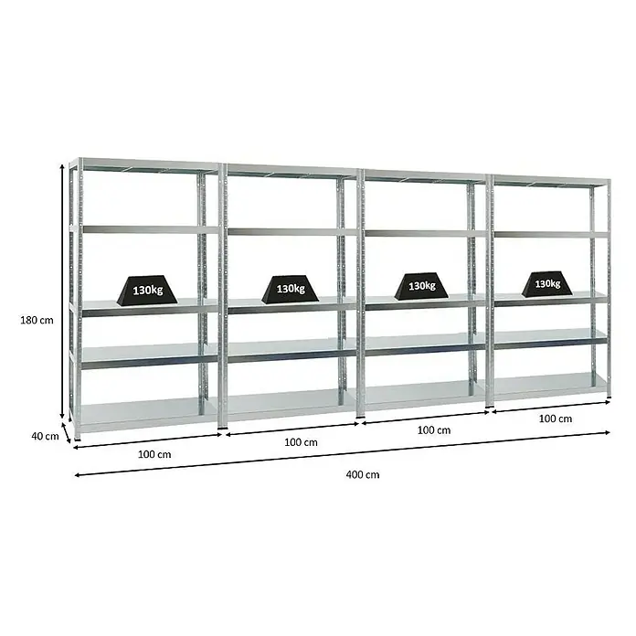 Proregal Metallregal Mega Deal Steel Eagle - Traglast pro Boden: 130 kg, Anzahl Böden: 5 Stk., Stecken, Verzinkt - Das Bild zeigt ein silbernes Regalsystem mit vier Ebenen, auf denen jeweils 130kg schwere Gewichte platziert sind.