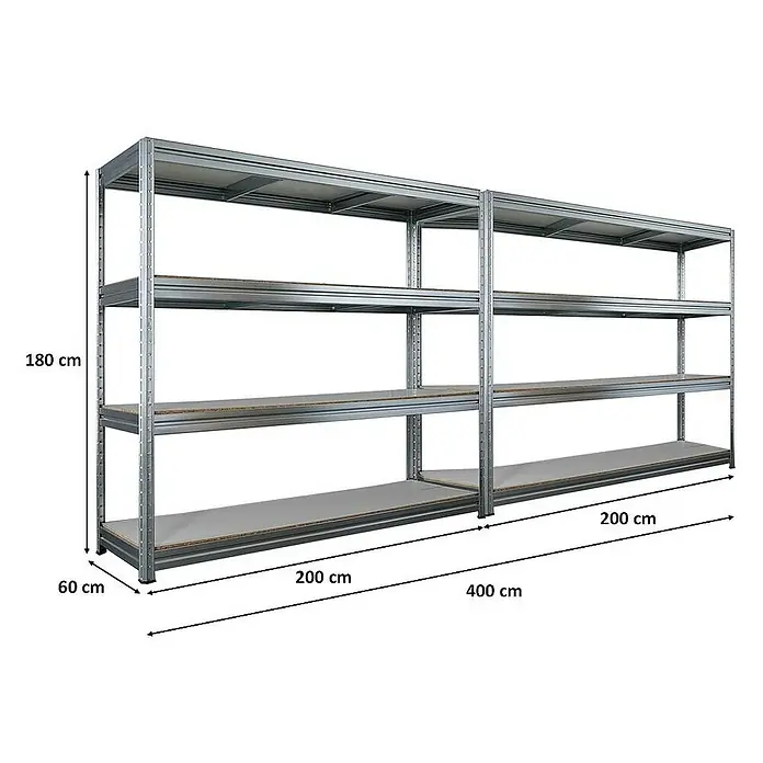 Proregal Schwerlastregal Mega Deal DINO - Traglast pro Boden: 500 kg, Anzahl Böden: 4 Stk., Stecken, Verzinkt - Das Bild zeigt ein Metallregal mit den Maßen 180 cm Höhe, 60 cm Tiefe und 400 cm Breite, ideal für Lagerung.