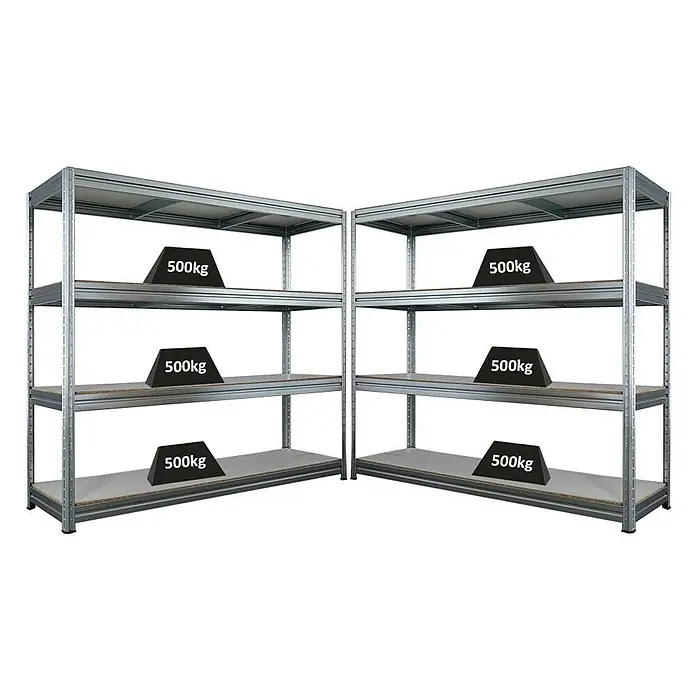 Proregal Schwerlastregal Mega Deal DINO - Traglast pro Boden: 500 kg, Anzahl Böden: 4 Stk., Stecken, Verzinkt - Zwei Metallregale mit je vier Ebenen, auf denen Gewichte von 500kg platziert sind. Die Regale sind robust und für schwere Lasten ausgelegt.