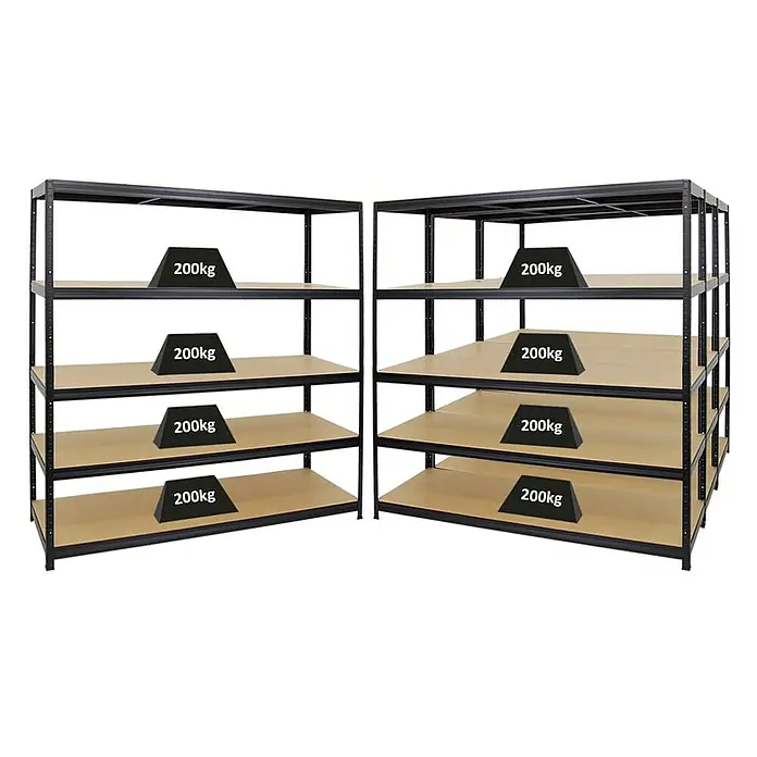 Proregal Schwerlastregal Mega Deal Giant Elephant - H x B x T: 180 x 180 x 60 cm, Traglast pro Boden: 200 kg, Anzahl Böden: 5 Stk., Stecken, Schwarz - Regalsystem mit vier Ebenen, auf denen Gewichte von 200kg platziert sind, ideal für Lagerung und Organisation.