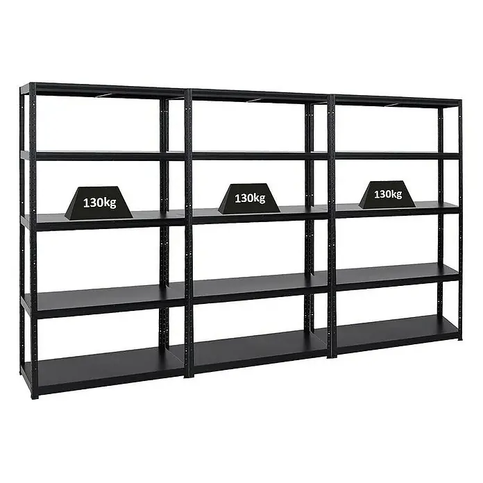 Proregal Metallregal Mega Deal Steel Eagle - Traglast pro Boden: 130 kg, Anzahl Böden: 5 Stk., Stecken, Schwarz - Abbildung eines schwarzen Metallregals mit mehreren Regalböden und einem Gewicht von 130 kg auf jedem Regal.