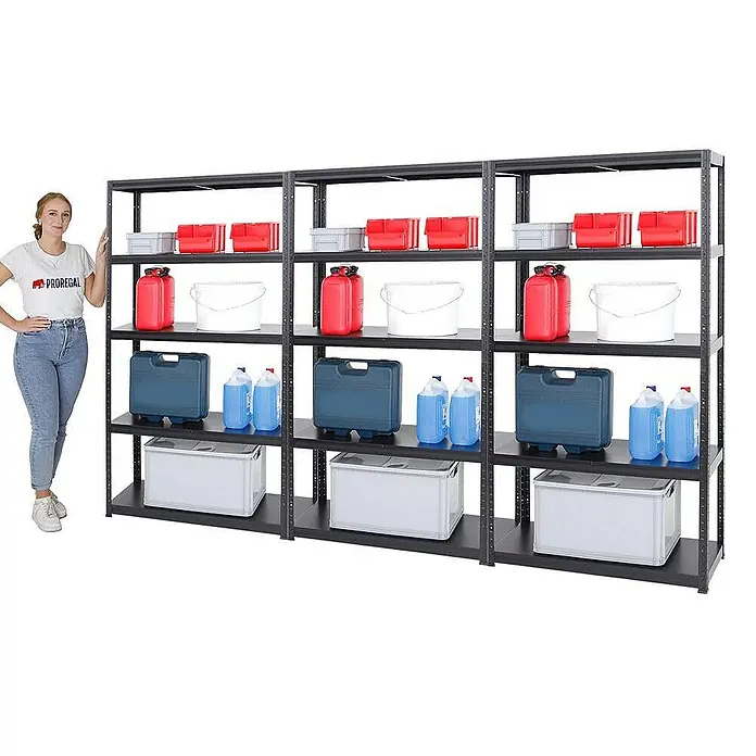 Proregal Metallregal Mega Deal Steel Eagle - Traglast pro Boden: 130 kg, Anzahl Böden: 5 Stk., Stecken, Schwarz - Ein geräumiges Schwerlastregal mit robusten Ablagen, ideal für Werkstatt oder Lager. Praktische Aufbewahrungslösung mit viel Platz.
