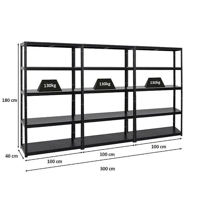 Proregal Metallregal Mega Deal Steel Eagle - Traglast pro Boden: 130 kg, Anzahl Böden: 5 Stk., Stecken, Schwarz - Dreiteiliges, schwarzes Metallregal mit vier Ebenen, belastbar bis 130 kg pro Ebene und Gesamtmaßen 180x300x40 cm.