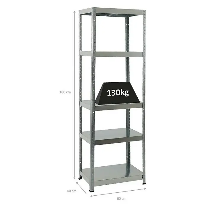 Proregal Metallregal Steel Eagle - Traglast pro Boden: 130 kg, Anzahl Böden: 5 Stk., Stecken, Verzinkt - Ein graues Metallregal mit fünf Regalböden, wobei der zweite Boden von oben mit einem Gewicht von 130 kg belastet ist.