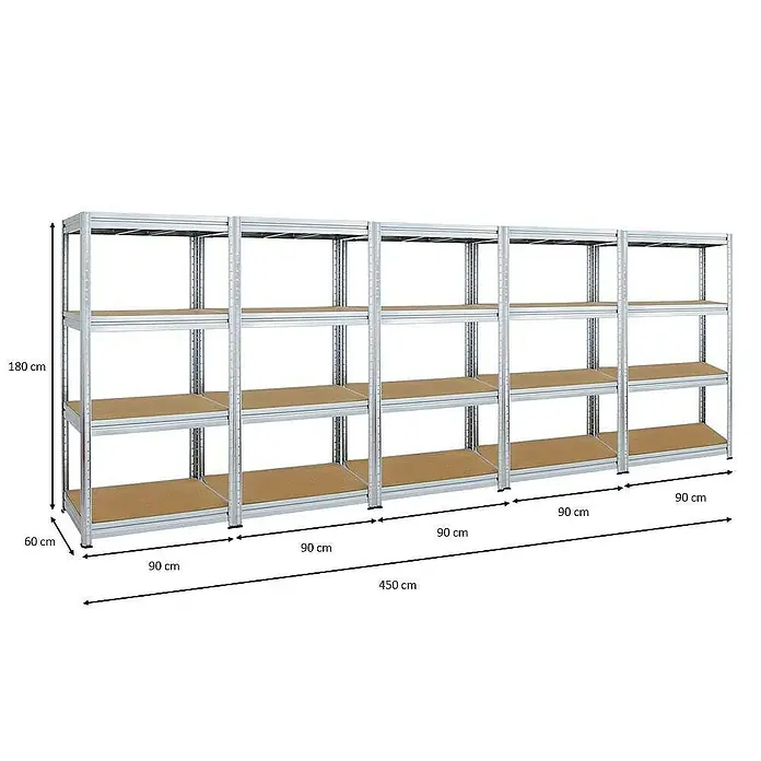 Proregal Schwerlastregal Mega Deal DINO - H x B x T: 180 x 90 x 60 cm, Traglast pro Boden: 600 kg, Anzahl Böden: 4 Stk., Stecken, Verzinkt - Abbildung eines Schwerlastregals mit fünf Fächern und Größenangaben, das für Lagerzwecke geeignet ist.
