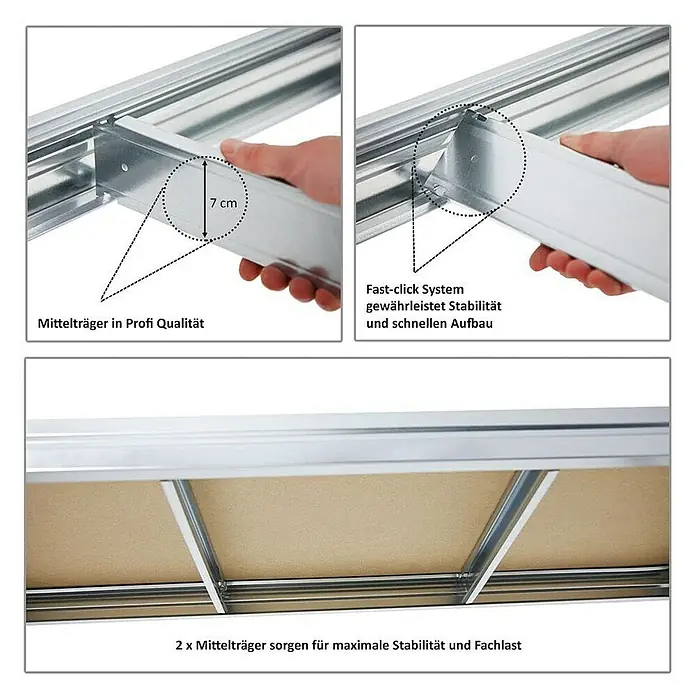 Proregal Schwerlastregal Mega Deal DINO - H x B x T: 180 x 90 x 60 cm, Traglast pro Boden: 600 kg, Anzahl Böden: 4 Stk., Stecken, Verzinkt - Produktbild des Mittelträgersystems mit Fast-Click, das Stabilität und schnellen Aufbau ermöglicht.
