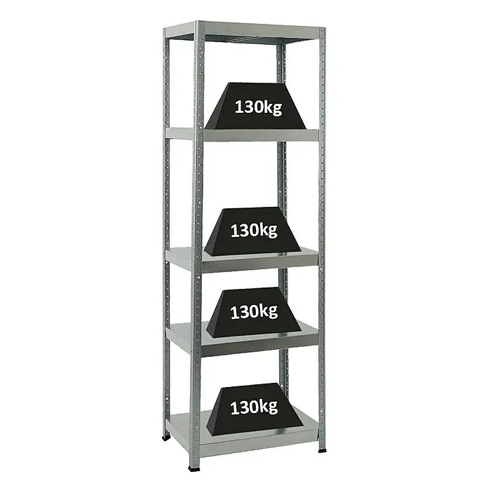 Proregal Metallregal Steel Eagle - Traglast pro Boden: 130 kg, Anzahl Böden: 5 Stk., Stecken, Verzinkt - Ein Regal mit vier Ebenen ist mit Gewichten von jeweils 130 kg belastet, um die Belastbarkeit und Stabilität des Regals zu demonstrieren.