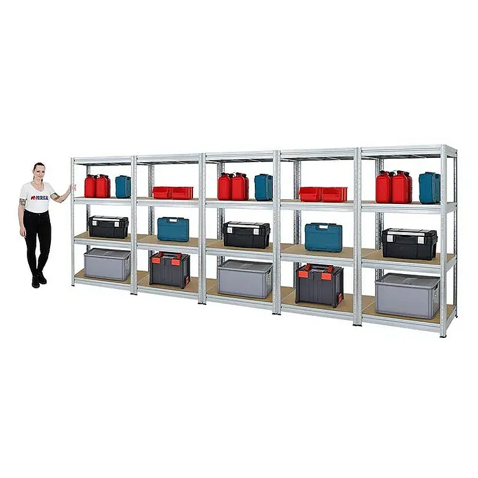 Proregal Schwerlastregal Mega Deal DINO - H x B x T: 180 x 90 x 60 cm, Traglast pro Boden: 600 kg, Anzahl Böden: 4 Stk., Stecken, Verzinkt - Aufnahme eines großen, modularen Regalsystems mit mehreren Regalen, gefüllt mit verschiedenen Aufbewahrungsbehältern und Werkzeugkästen.