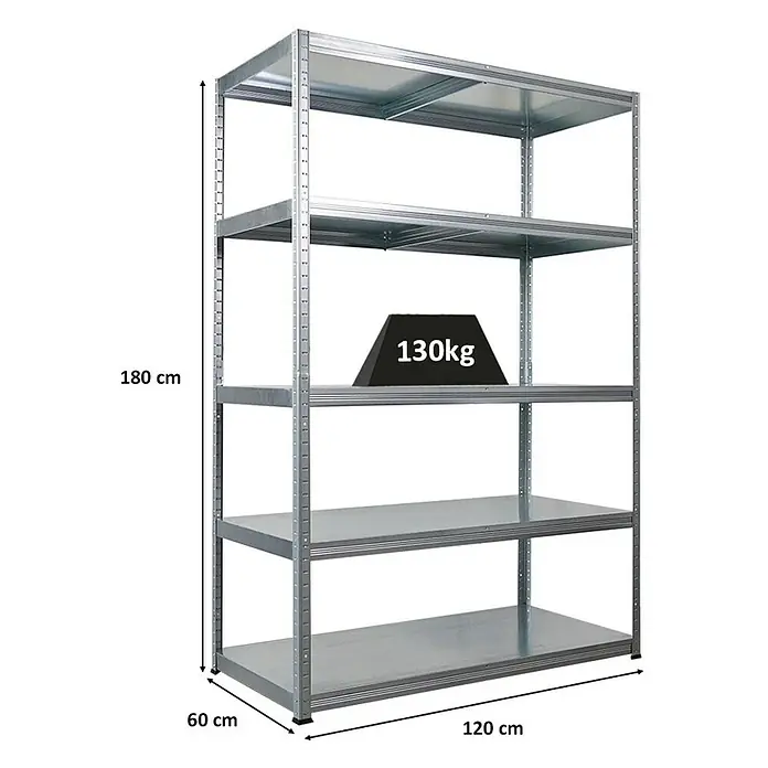 Proregal Metallregal Steel Eagle - Traglast pro Boden: 130 kg, Anzahl Böden: 5 Stk., Stecken, Verzinkt - Metallregal mit fünf Regalböden, ca. 180 cm hoch, 120 cm breit und 60 cm tief, belastbar bis 130 kg.