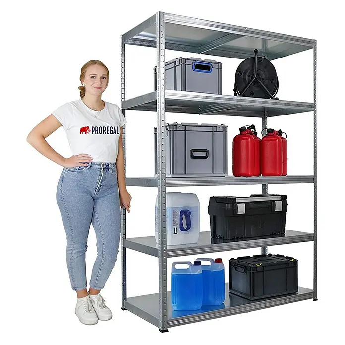 Proregal Metallregal Steel Eagle - Traglast pro Boden: 130 kg, Anzahl Böden: 5 Stk., Stecken, Verzinkt - Metallregal mit fünf Ebenen, ideal für Lagerung. Das Regal ist mit verschiedenen Behältern und Kanistern gefüllt, daneben steht eine Frau.