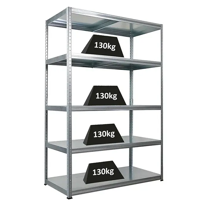 Proregal Metallregal Steel Eagle - Traglast pro Boden: 130 kg, Anzahl Böden: 5 Stk., Stecken, Verzinkt - Metallregal mit vier Ebenen, jede Ebene mit einer Last von 130 kg belastet. Robustes und vielseitiges Aufbewahrungssystem.