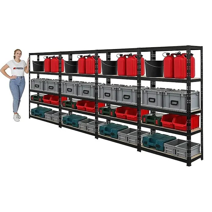 Proregal Schwerlastregal Mega Deal APOLLO - Traglast pro Boden: 175 kg, Anzahl Böden: 5 Stk., Stecken, Schwarz - Schwarzes Schwerlastregal mit fünf Ebenen und diversen Behältern in Rot, Grau, Schwarz und Grün zur Lagerung.