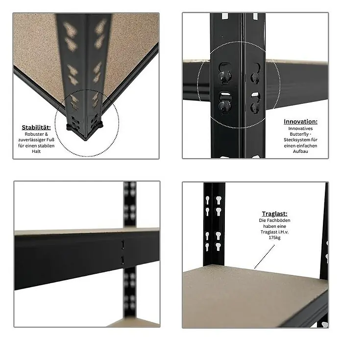 Proregal Schwerlastregal Mega Deal APOLLO - Traglast pro Boden: 175 kg, Anzahl Böden: 5 Stk., Stecken, Schwarz - Detailansichten eines Regals mit Fokus auf Stabilität, innovatives Stecksystem und Traglast von 175 kg pro Boden.