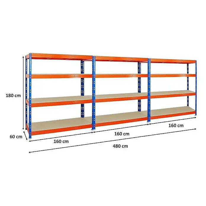 Proregal Schwerlastregal Mega Deal Profi RHINO - Traglast pro Boden: 500 kg, Anzahl Böden: 4 Stk., Stecken, Blau-Orange - Metallregal mit vier Ebenen. Die Farbe ist Orange und Blau mit den Maßen 180 x 60 x 480 cm. Das Regal ist für Lagerung geeignet.