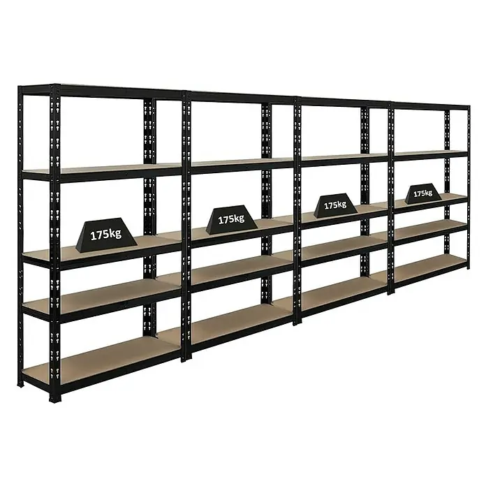 Proregal Schwerlastregal Mega Deal APOLLO - Traglast pro Boden: 175 kg, Anzahl Böden: 5 Stk., Stecken, Schwarz - Schwarzes Schwerlastregal mit vier Ebenen und Gewichtsangabe. Das Regal ist ideal für Lagerung und Organisation.
