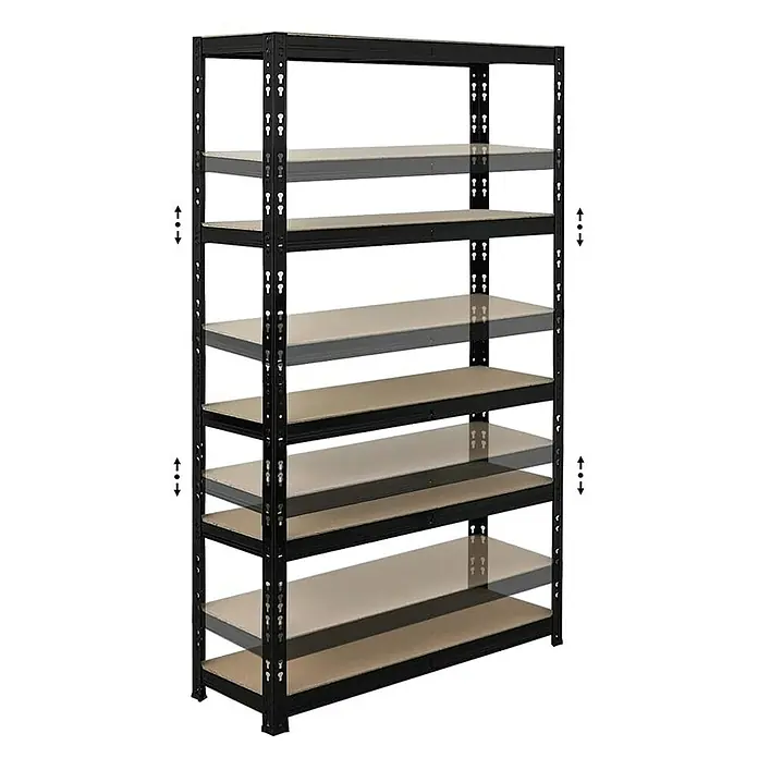 Proregal Schwerlastregal Mega Deal APOLLO - Traglast pro Boden: 175 kg, Anzahl Böden: 5 Stk., Stecken, Schwarz - Bild eines schwarzen Metallregals mit fünf Regalböden, das zur Aufbewahrung und Organisation von Gegenständen dient.