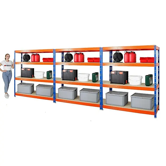 Proregal Schwerlastregal Mega Deal Profi RHINO - Traglast pro Boden: 500 kg, Anzahl Böden: 4 Stk., Stecken, Blau-Orange - Abbildung eines robusten Lagerregals mit vier Ebenen, ideal für Garage oder Werkstatt, beladen mit verschiedenen Behältern.