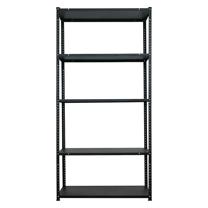 Proregal Metallregal Mega Deal Schraubregal Haldor - Traglast pro Boden: 100 kg, Anzahl Böden: 5 Stk., Schrauben, Schwarz - Das Bild zeigt ein Regal mit fünf Fächern, das aus schwarzem Metall gefertigt ist und in einem Lager oder einer Garage verwendet werden könnte.