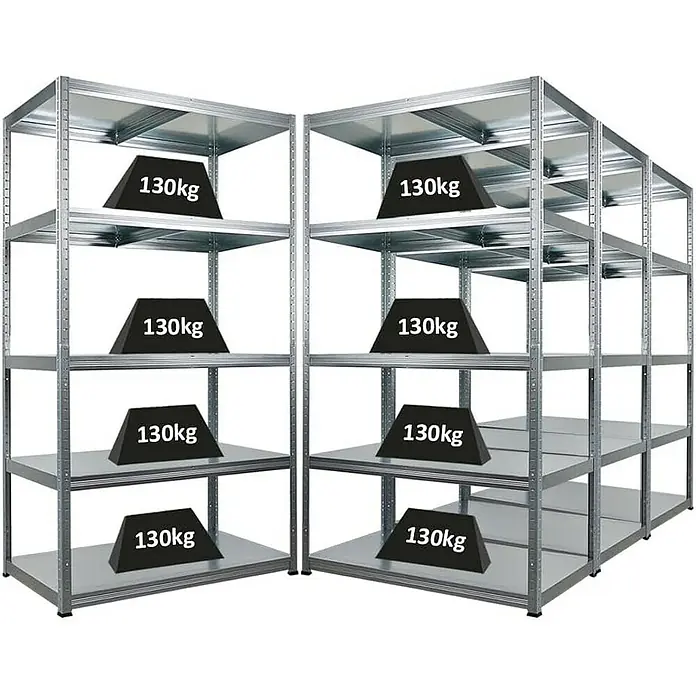 Proregal Metallregal Mega Deal Steel Eagle - Traglast pro Boden: 130 kg, Anzahl Böden: 5 Stk., Stecken, Verzinkt - Schwerlastregal mit vier Ebenen, jede Ebene mit einer Last von 130 kg belastet, ideal für Lagerung.