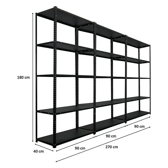 Proregal Metallregal Mega Deal Schraubregal Haldor - Traglast pro Boden: 100 kg, Anzahl Böden: 5 Stk., Schrauben, Schwarz - Schwarzes Metallregal mit fünf Regalböden, ideal für Lagerung und Organisation. Robuste Konstruktion mit den Maßen 180x270x40 cm.