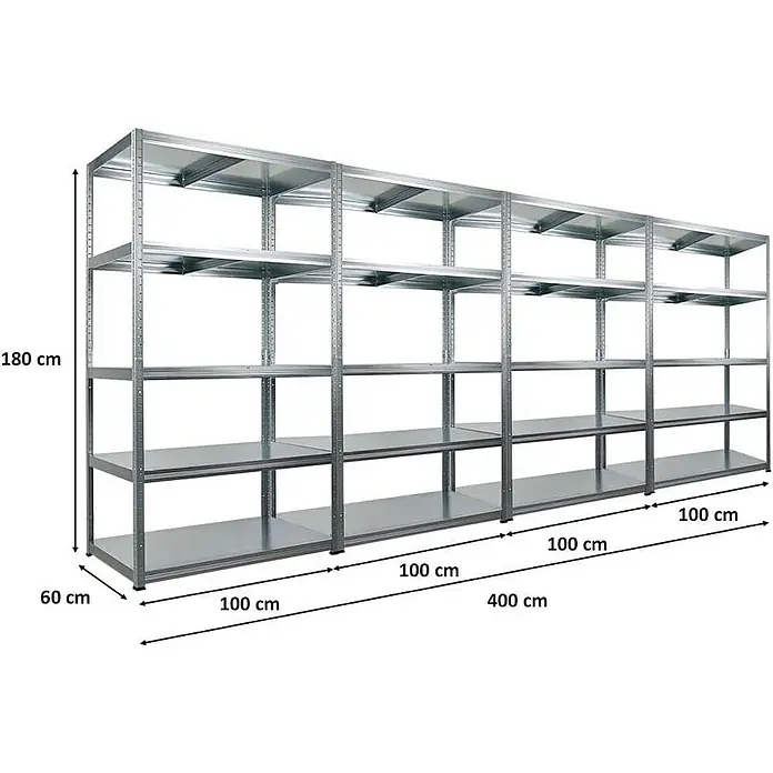 Proregal Metallregal Mega Deal Steel Eagle - Traglast pro Boden: 130 kg, Anzahl Böden: 5 Stk., Stecken, Verzinkt - Metallregal mit vier Ebenen, ideal für Lagerung und Organisation. Die Abmessungen sind 180 cm hoch, 60 cm tief und 400 cm breit.