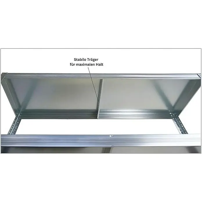 Proregal Metallregal Mega Deal Steel Eagle - Traglast pro Boden: 130 kg, Anzahl Böden: 5 Stk., Stecken, Verzinkt - Abbildung der stabilen Träger einer Metallkonstruktion, die für maximalen Halt sorgen. Ideal für Lagerregale und Industriebauten.