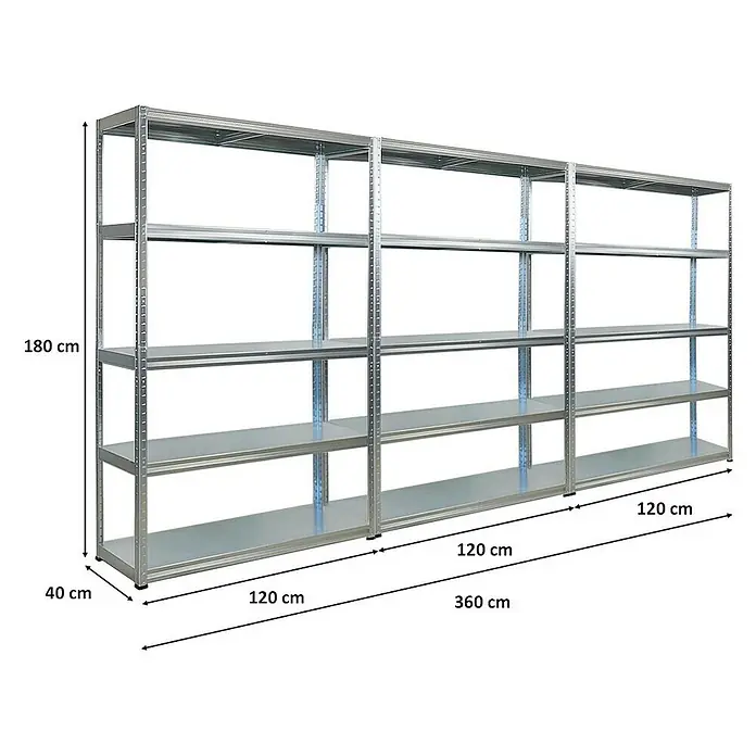 Proregal Metallregal Mega Deal Steel Eagle - Traglast pro Boden: 130 kg, Anzahl Böden: 5 Stk., Stecken, Verzinkt - Silbernes Metallregal mit fünf Ablagen und den Maßen 180 cm Höhe, 40 cm Tiefe und 360 cm Breite zur optimalen Lagerung.